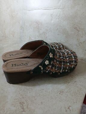 Y2K MUDD "Darryl" Women's Tweed Green Embellished Chunky Clog Sz 10M